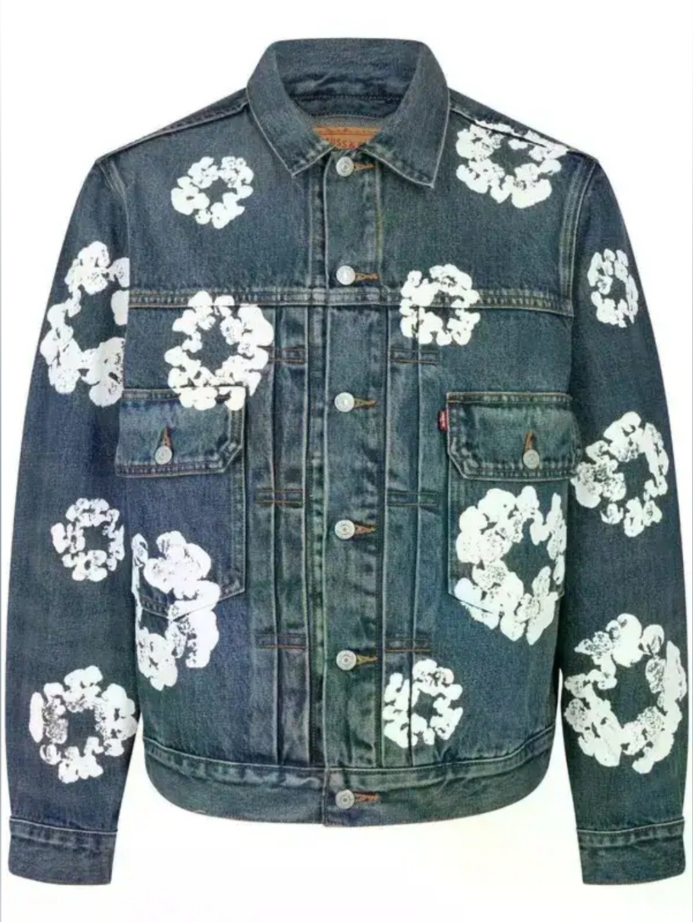 BB3. NWOT DENIM TEARS X LEVIS WREATH PRINT DENIM JACKET